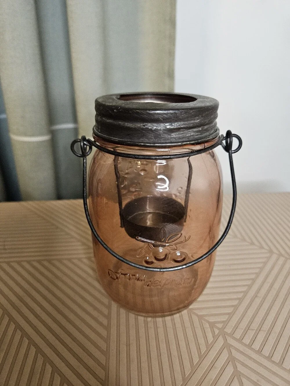 Pink Amber Glass Mason Jar Tealight Candle Holder with Metal Handle